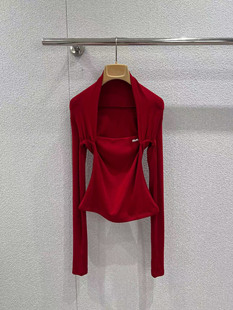 红色 T恤打底衫 简约甜美方领挂脖式 亲肤长袖 女 修身 2026Ss早春新款