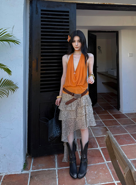 Common in 0120 豹纹斜边褶皱半身裙女宽松显瘦设计感中长裙