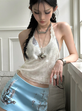 Common in 0120波光粼粼 大珠片吊带挂脖辣妹修身无袖背心上衣女