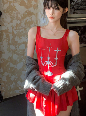 Common in 0120宴会女主角 原创红色烛台印花小众连衣裙蓬蓬裙女