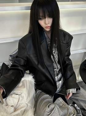 Common in 0120强势女主 高级质感挺阔版黑色廓形皮衣西装外套女