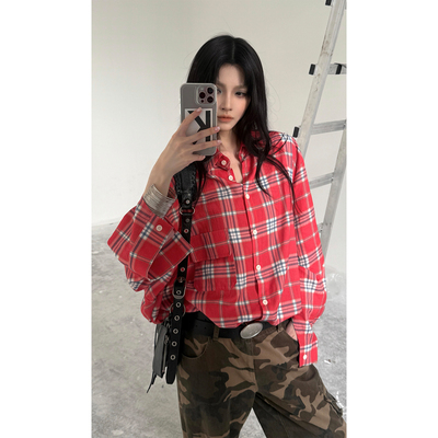 Common in 0120 复古红格纹宽松慵懒长袖衬衫休闲外套防晒衣