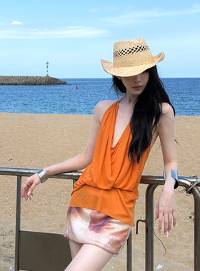 Common in 0120 美背荡领特殊褶皱挂脖背心夏季显瘦无袖上衣