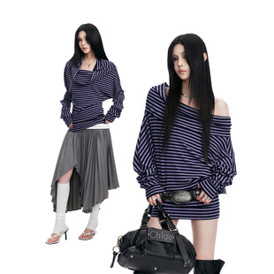 纯色百搭莱赛尔一字多穿法条纹针织蝙蝠袖 0120 上衣女 common