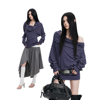 莱赛尔一字多穿法条纹上衣女