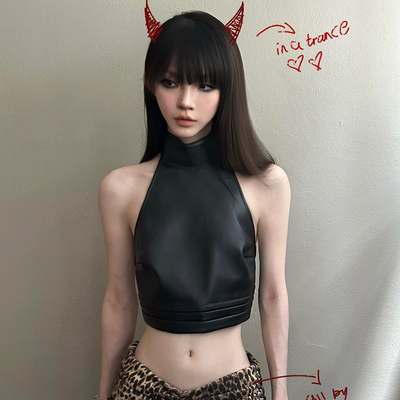 挂脖系带短款辣妹皮背心