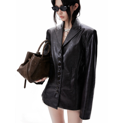 百搭宽松单排扣皮衣口袋西装女