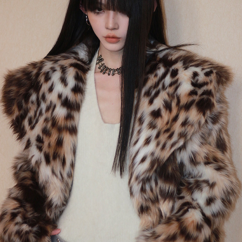 复古豹纹短款翻领豹纹环保皮草