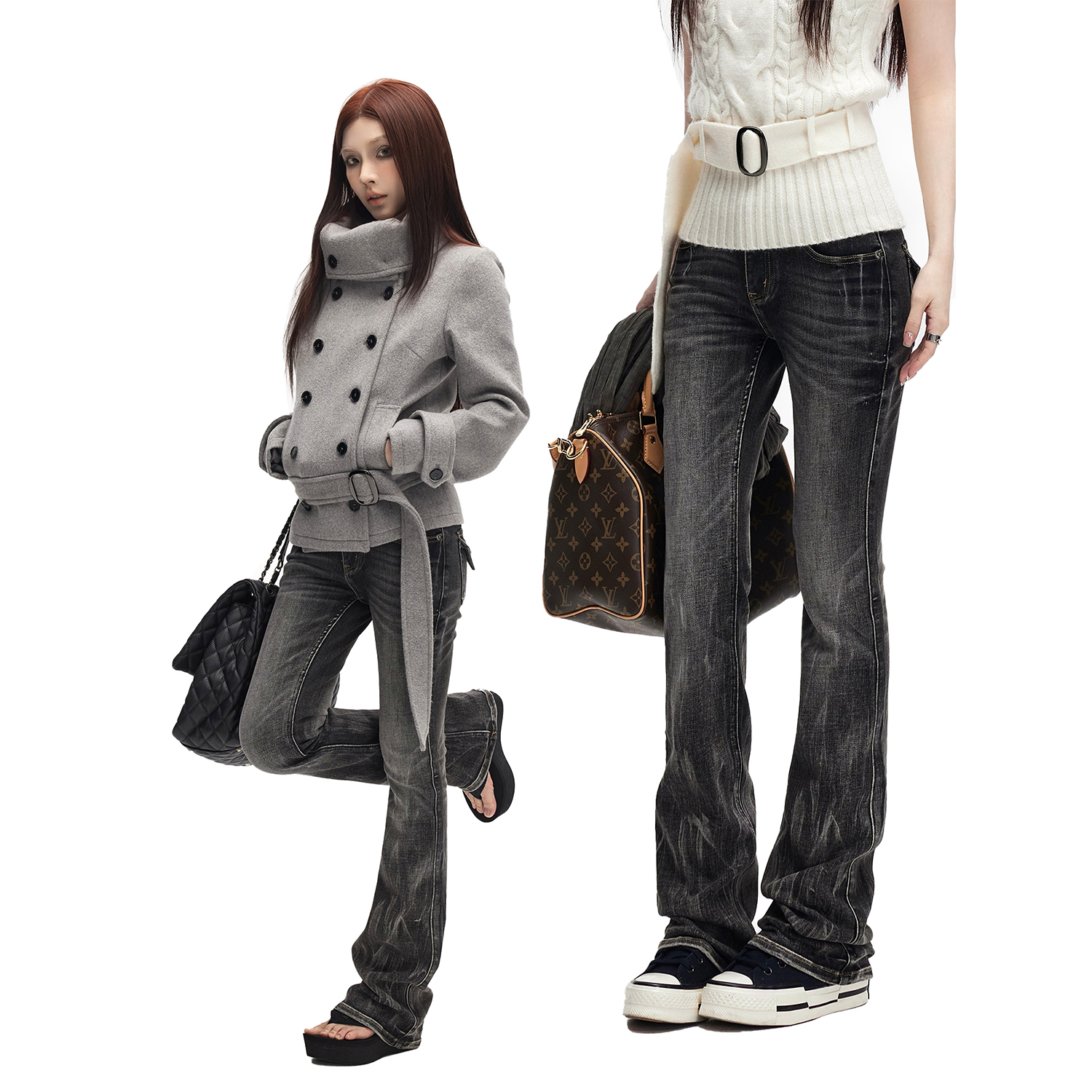 黑灰渐变低腰猫爪纹微喇牛仔裤