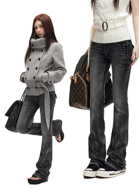 common in 0120 复古重工低腰黑灰渐变裤洗水猫爪纹微喇牛仔裤女