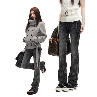 黑灰渐变低腰猫爪纹微喇牛仔裤