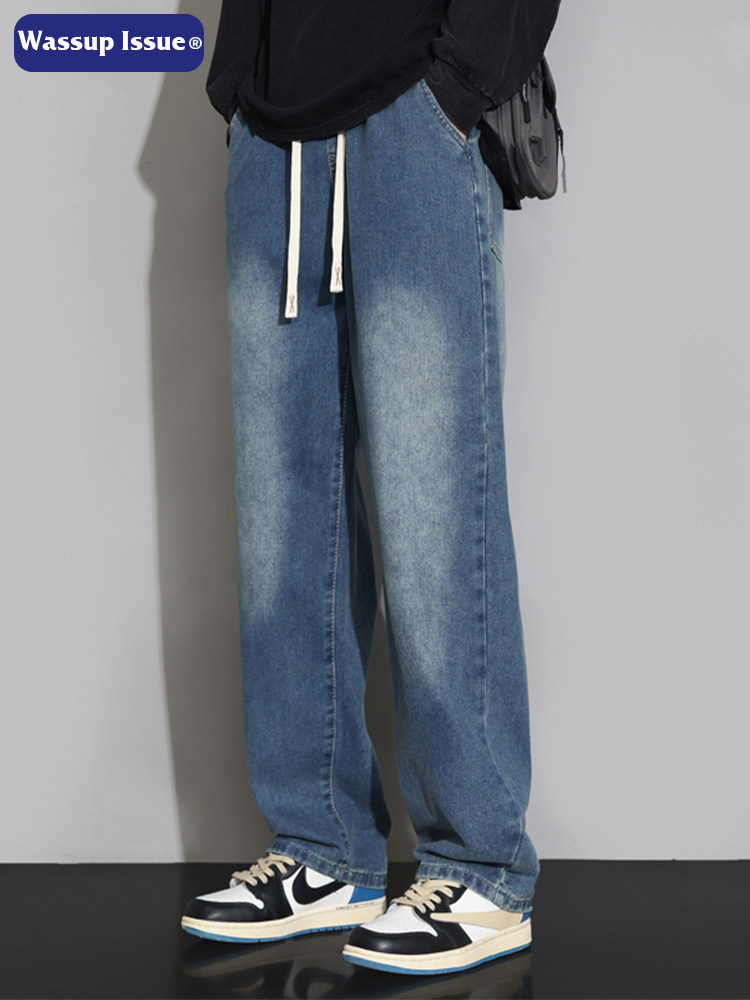WASSUP ISSUE AMERICAN RETRO JEANS MENS SPRING AND AUTUMN THIN CASUAL LOOSE STRAIGHT WIDE-LEG PANTS MEN