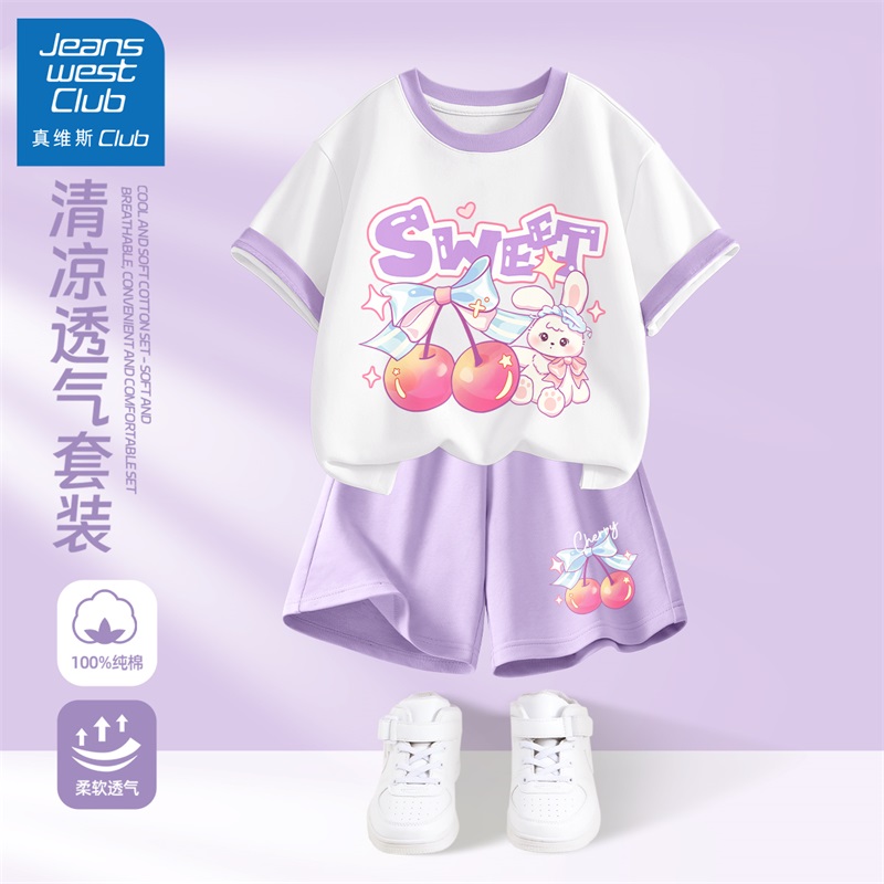 真维斯club女童2025新款夏套装儿童短袖短裤薄款夏装运动女大童装