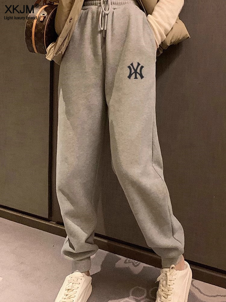 灰色休闲卫裤女2025秋冬加绒小个子运动百搭宽松束脚长裤哈伦裤