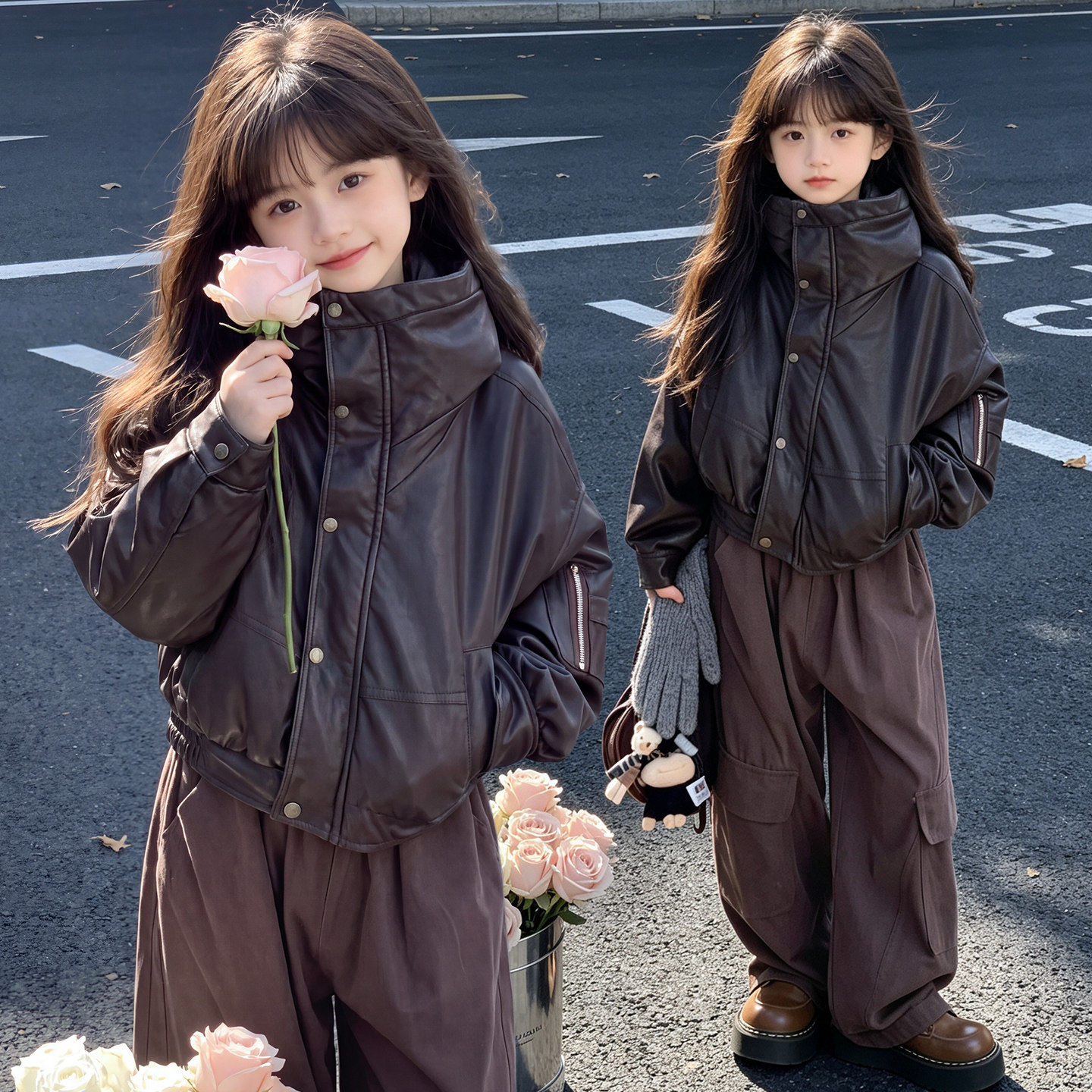 女童皮衣外套2026新款大翻毛领皮衣外套女短款皮夹克酷飒风时尚潮