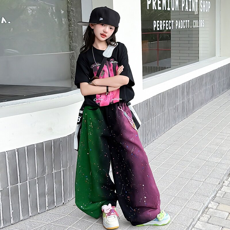 女童裤子新款潮牌宽松黑色水洗裤染色渐变泼墨重磅轻奢长裤
