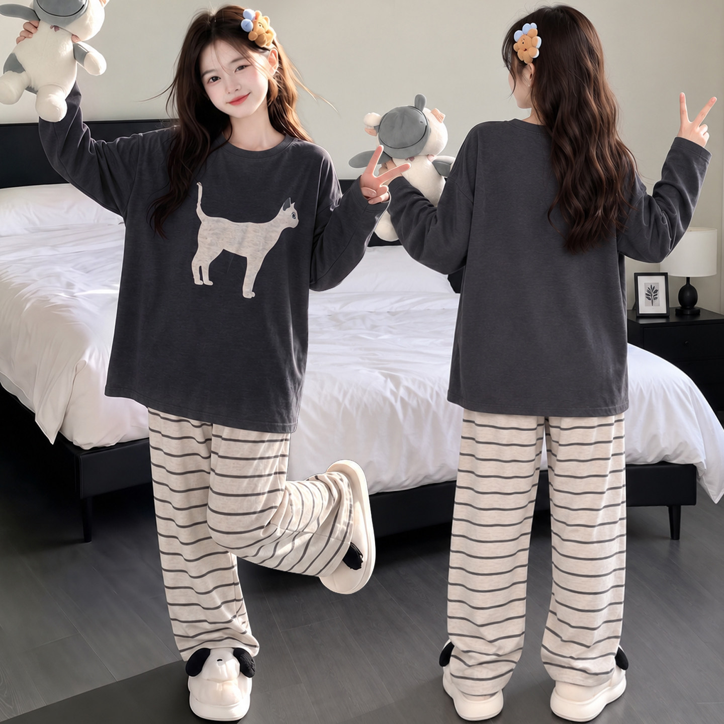 女孩睡衣女童春秋季柔软长袖长裤可爱小猫豹纹套装圆领家居服可外