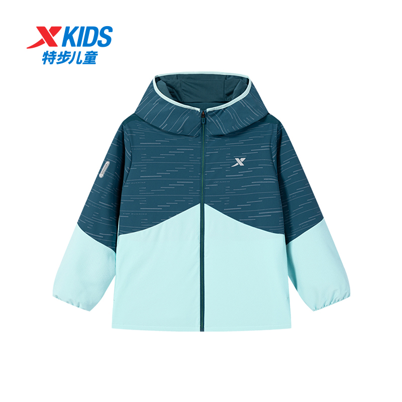 特步儿童男大童加绒外套冲锋衣2025秋季梭织连帽上衣675325334384