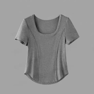 曲线T大洪官方时尚设计感方领显瘦修身辣妹T恤高级感气质短款上衣