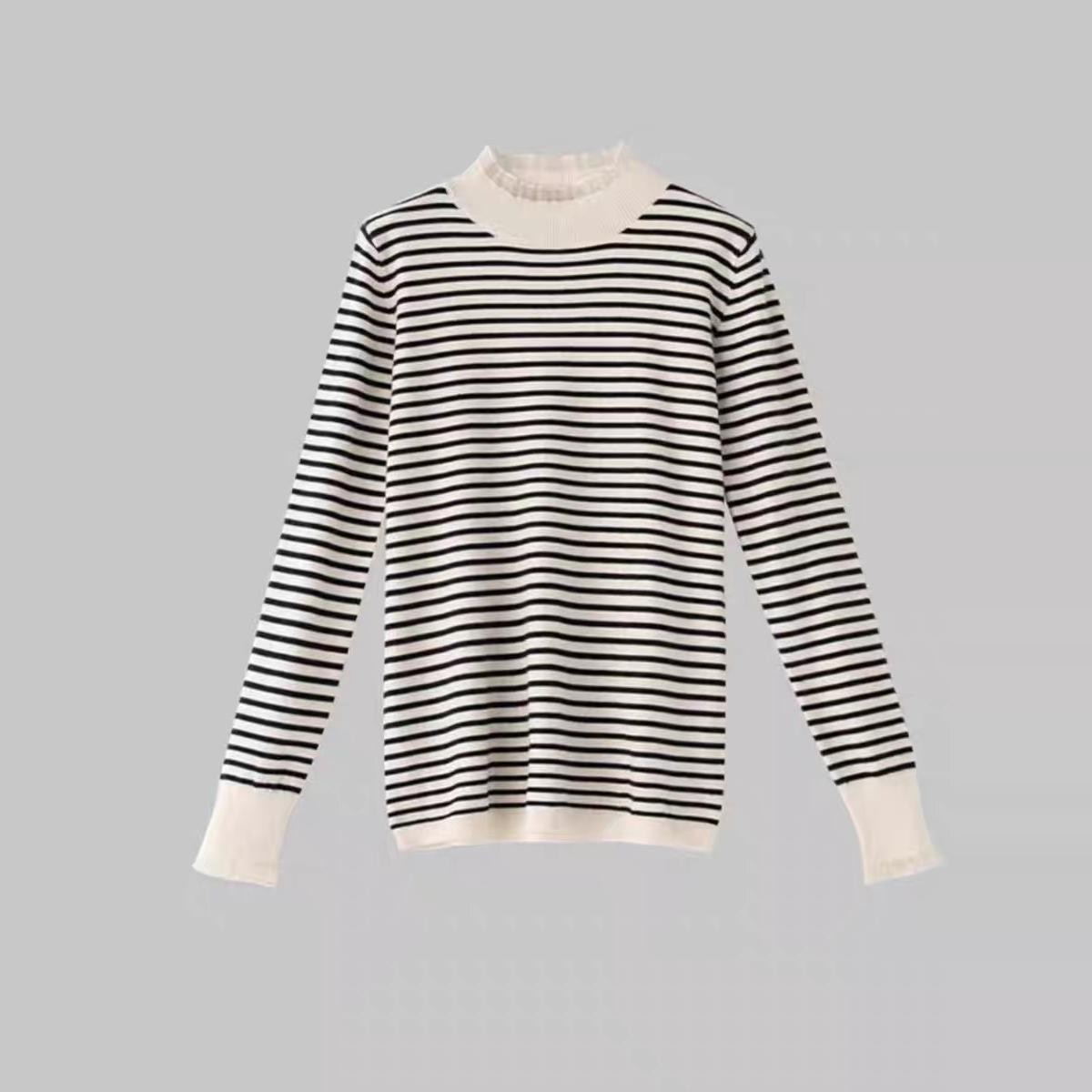 大洪官方冬日序曲春秋新款条纹花边领打底针织衫女内搭毛衣显瘦女