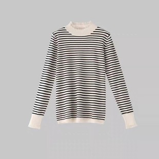 大洪官方经典款冬日序曲新款条纹花边领打底针织衫女内搭毛衣显瘦