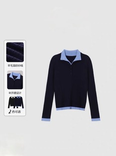 【撞色polo】官方经典款绵羊毛混纺针织衫女撞色假两件毛衣秋冬新