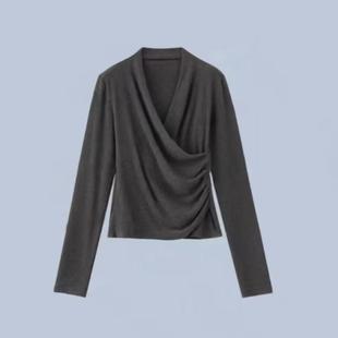 大洪官方严选店美人T交叠领T恤秋冬时尚小心机女人味显瘦打底衫女