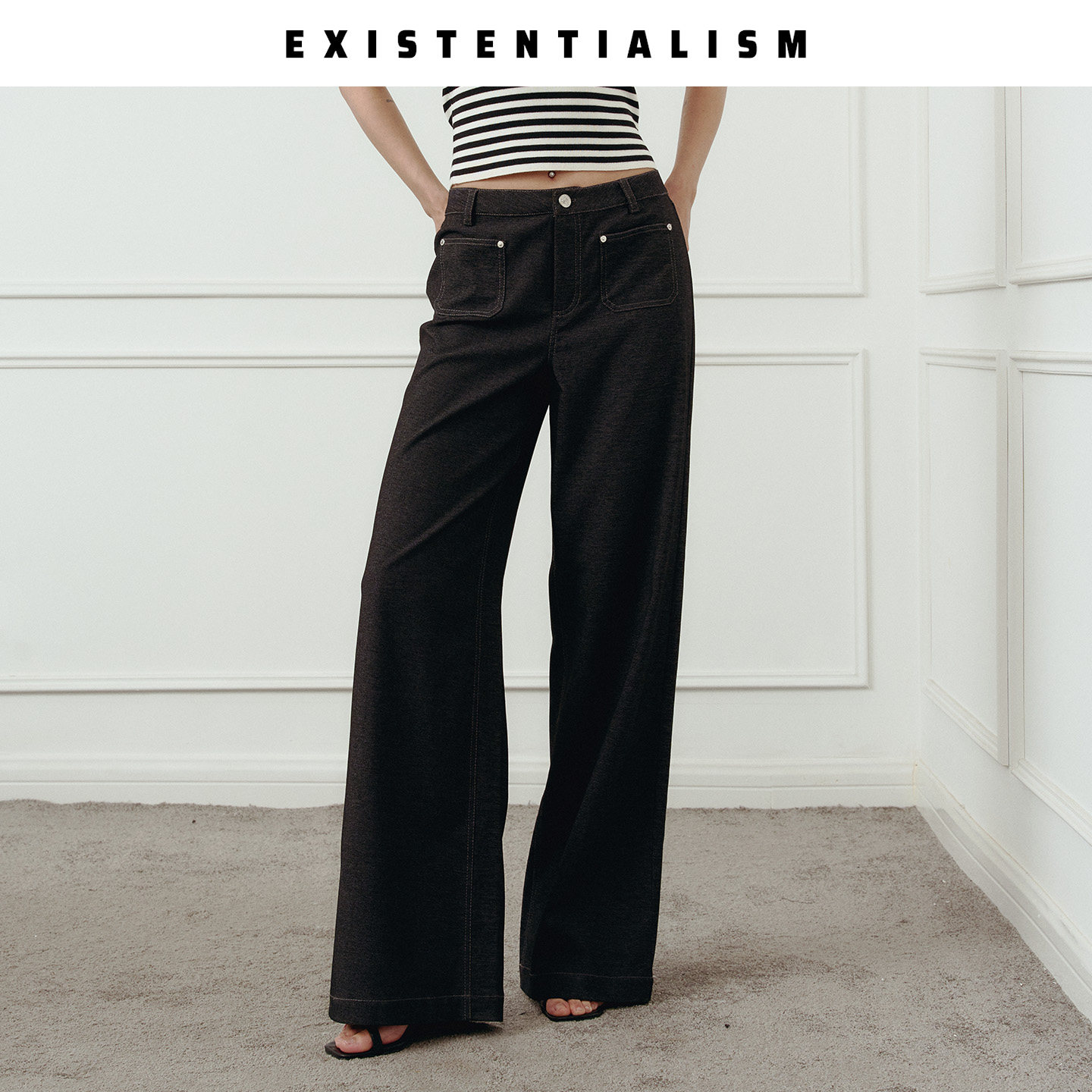 EXISTENTIALISM26春夏拼皮阔腿裤女高腰防牛仔面料垂感显瘦休闲裤