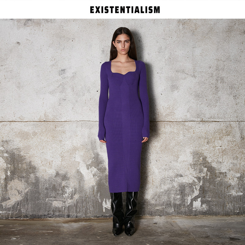 EXISTENTIALISM 方领过膝针织连衣裙女复古时尚港风百搭长裙