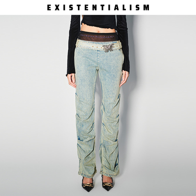 EXISTENTIALISM 新女款时尚设计感褶皱紧身低腰双层网纱牛仔裤