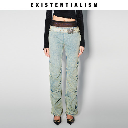 EXISTENTIALISM 褶皱低腰双层网纱牛仔裤女复古水洗日常百搭长裤