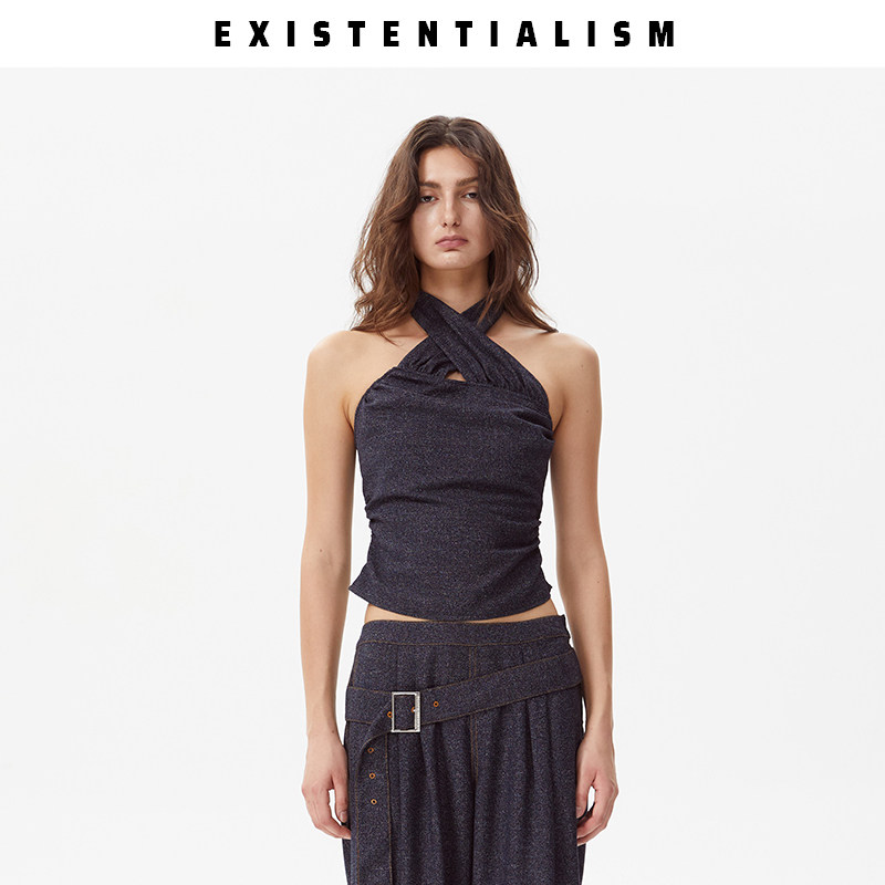 EXISTENTIALISM仿牛仔抽皱挂脖上衣女装时尚辣妹度假修身吊带外穿