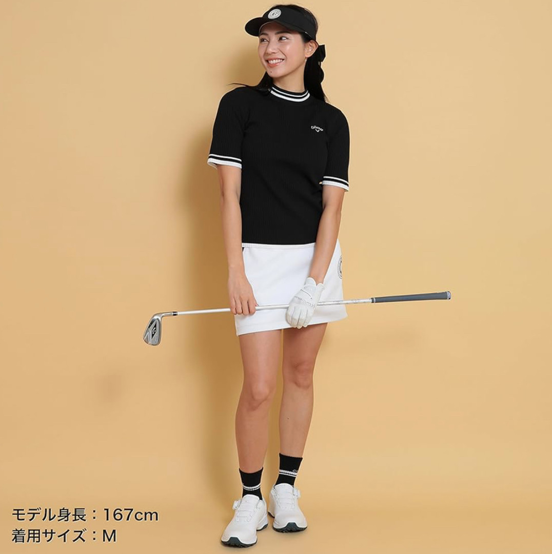 6K096 出日本正品高尔夫女士短袖高领半袖罗纹针织毛衣上衣弹力大