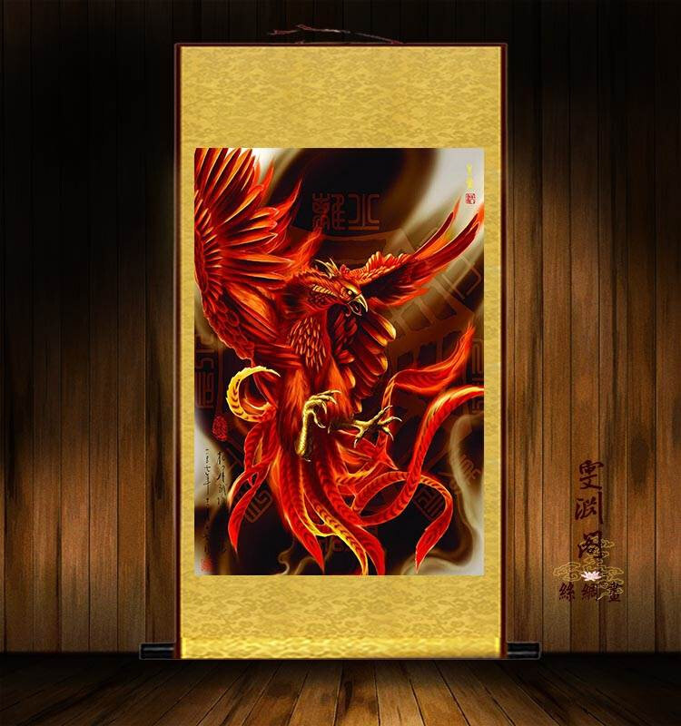 上古神兽朱雀丝绸画沙发背景挂画客厅玄关装饰画卷轴画可定制包邮