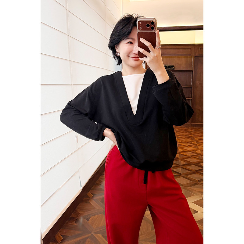 HERLAND她地 好好放假 假两件撞色V领卫衣女宽松显瘦