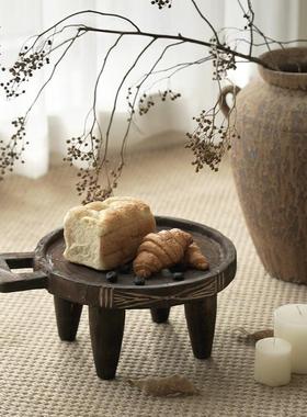 栗石侘寂风复古做旧实木果盘摆件中式创意托盘茶盘样板间茶几软装