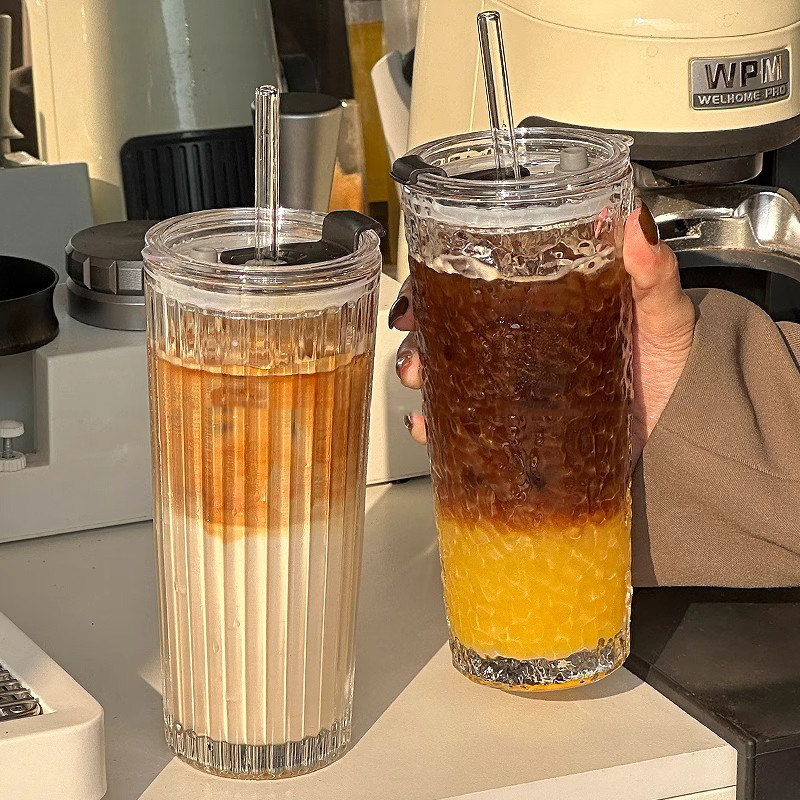 高颜值透明咖啡杯冰美式拿铁玻璃杯大容量带盖子吸管杯子办公室水