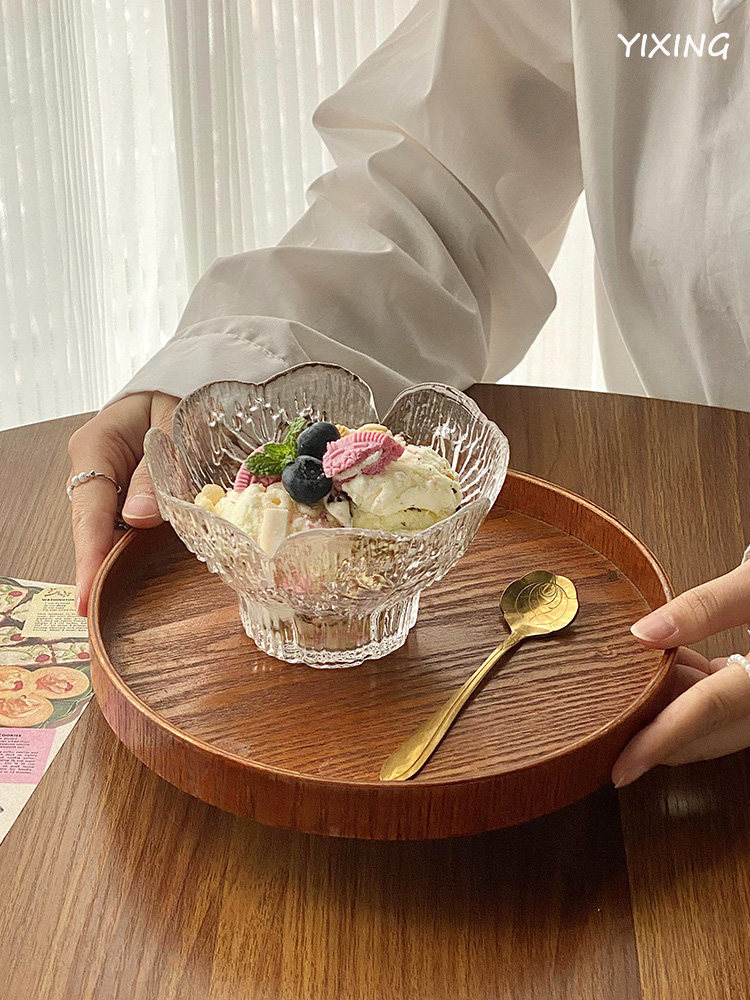 花瓣浮雕玻璃甜点碗家用高看燕麦早餐碗高冰淇淋杯水果沙拉碗