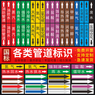 国标管道标识介质流向贴纸箭头色环标签贴发电厂自来水厂酒厂制药厂医院压缩空气天然气消防管道反光贴纸定制