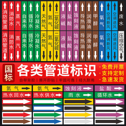 国标管道标识介质流向贴纸箭头色环标签贴发电厂自来水厂酒厂制药厂医院压缩空气天然气消防管道反光贴纸定制