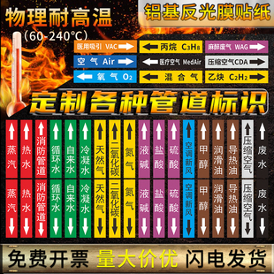 国标耐高温铝基反光膜管道标识贴纸介质流向制药厂医院压缩空气天然气消防管道反光贴纸定制箭头色环标签定制