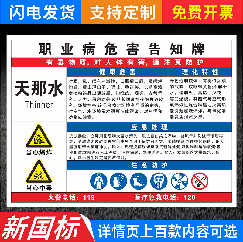 天那水职业病危害告知卡牌电焊烟烟尘弧光喷漆乙醇酒精作业安全警示牌油墨车间化品职业病危害标识卡牌定制