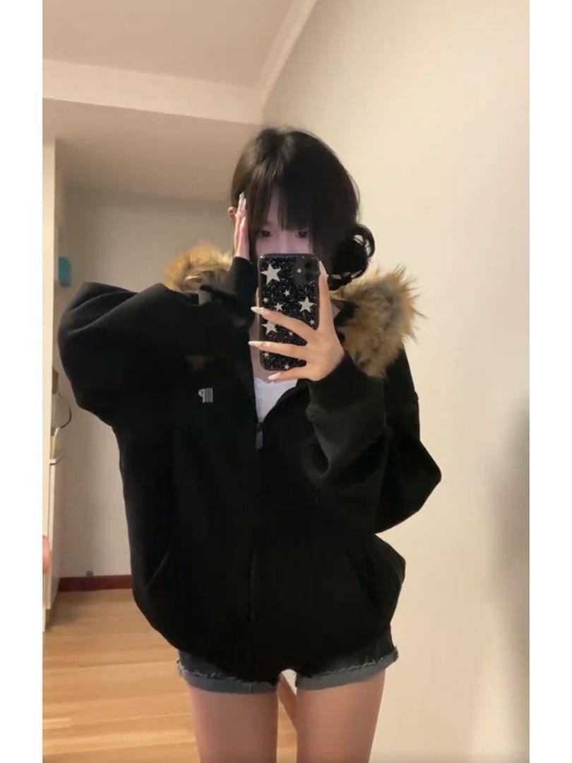 美式复古毛领拉链开衫连帽卫衣女秋冬宽松加绒高级感休闲情侣外套