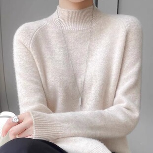 鄂尔多斯市羊绒衫女半高领无缝一线成衣厚款针织宽松打底衫毛衣冬