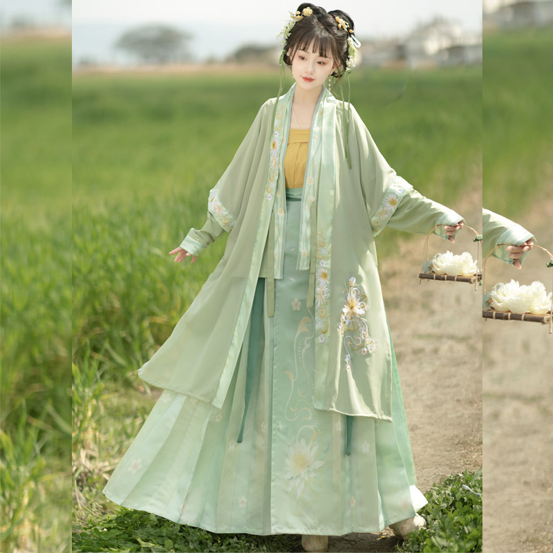 织夏原创宋制汉服女日常古风长干寺褙子齐腰马面裙绿色古装春夏款