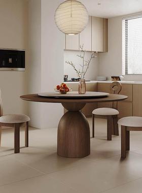 复古寂风实木圆桌家用小型侘02153圆形岩饭户桌胡桃木色板圆餐桌