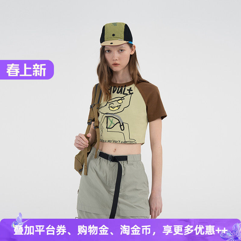 APPARITION 辣妹风 修身显瘦 短款撞色插肩袖 圆领女式 短袖T恤