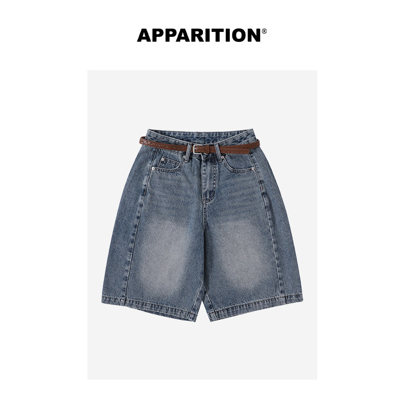 APPARITION 水洗牛仔五分裤（附赠腰带）猫须磨白做旧 时尚短裤