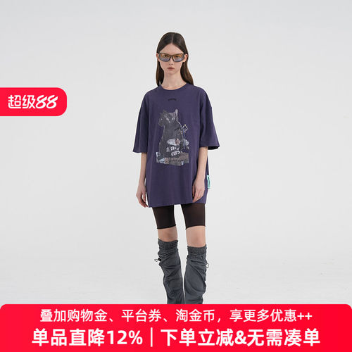 APPARITION 时尚复古做旧 黑猫龟裂印花 短袖T恤 男女同款 情侣款
