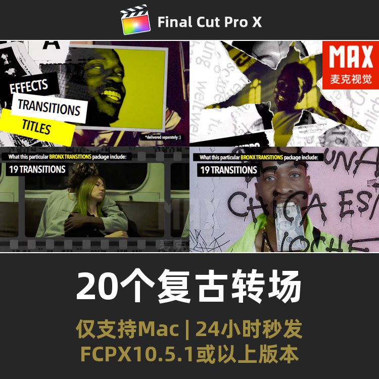finalcutpro模板 复古潮流转场 20个性撕纸噪点视频过渡fcpx插件